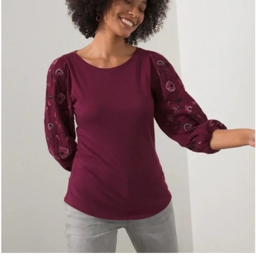 Chicos Embroidered Boho Floral Knit Tee Top Shirt New